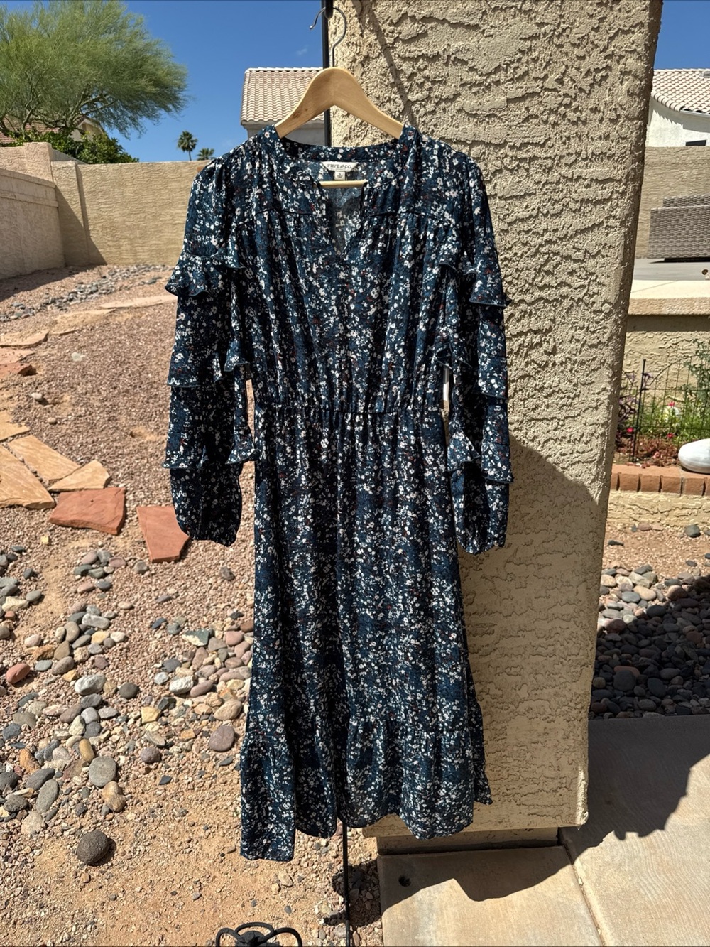 NWT Frye & Co S Small  Blue Boho Tiered Dress Long Sleeve  Drawstring $99 BB